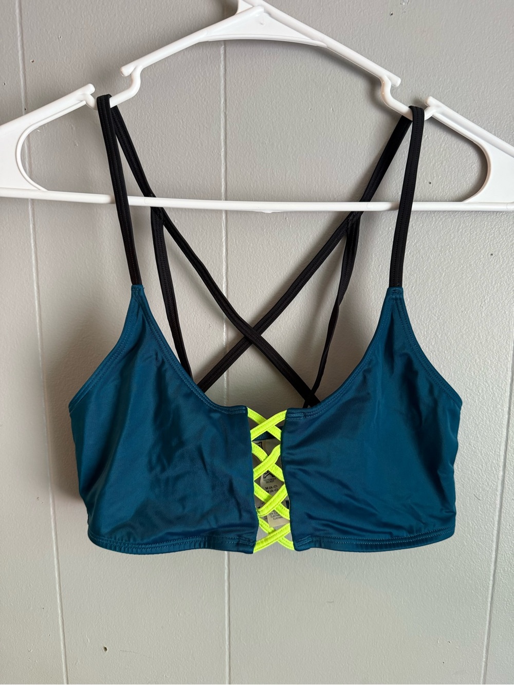 Victoria's Secret Teal Sports Bralette with Neon Yellow Lace-Up